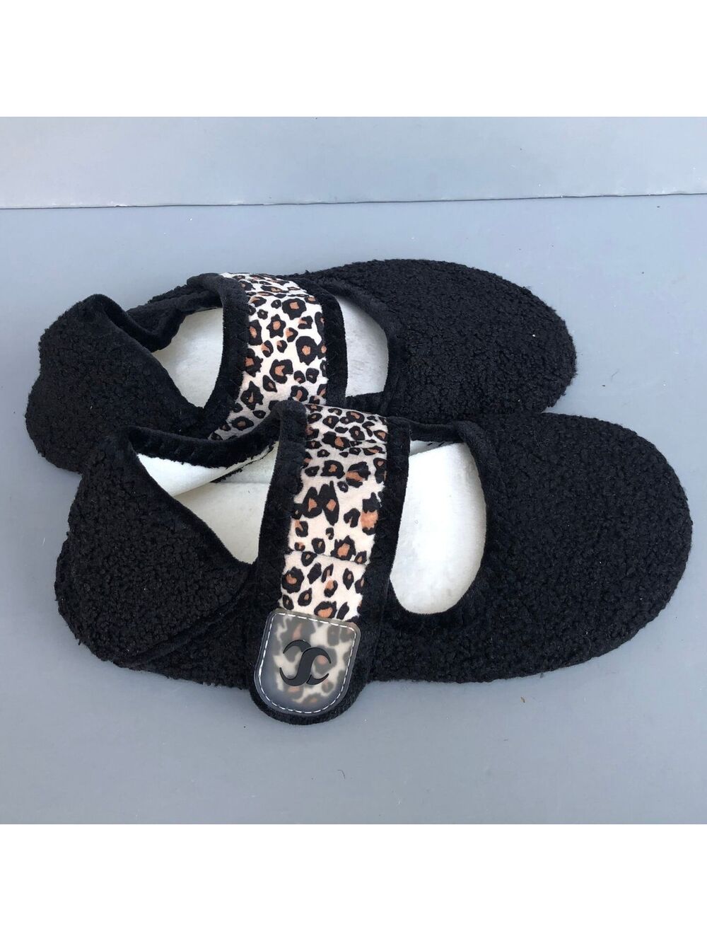Black Bouclé Mary Jane Flat Slippers with Leopard Print Strap Size 44-45